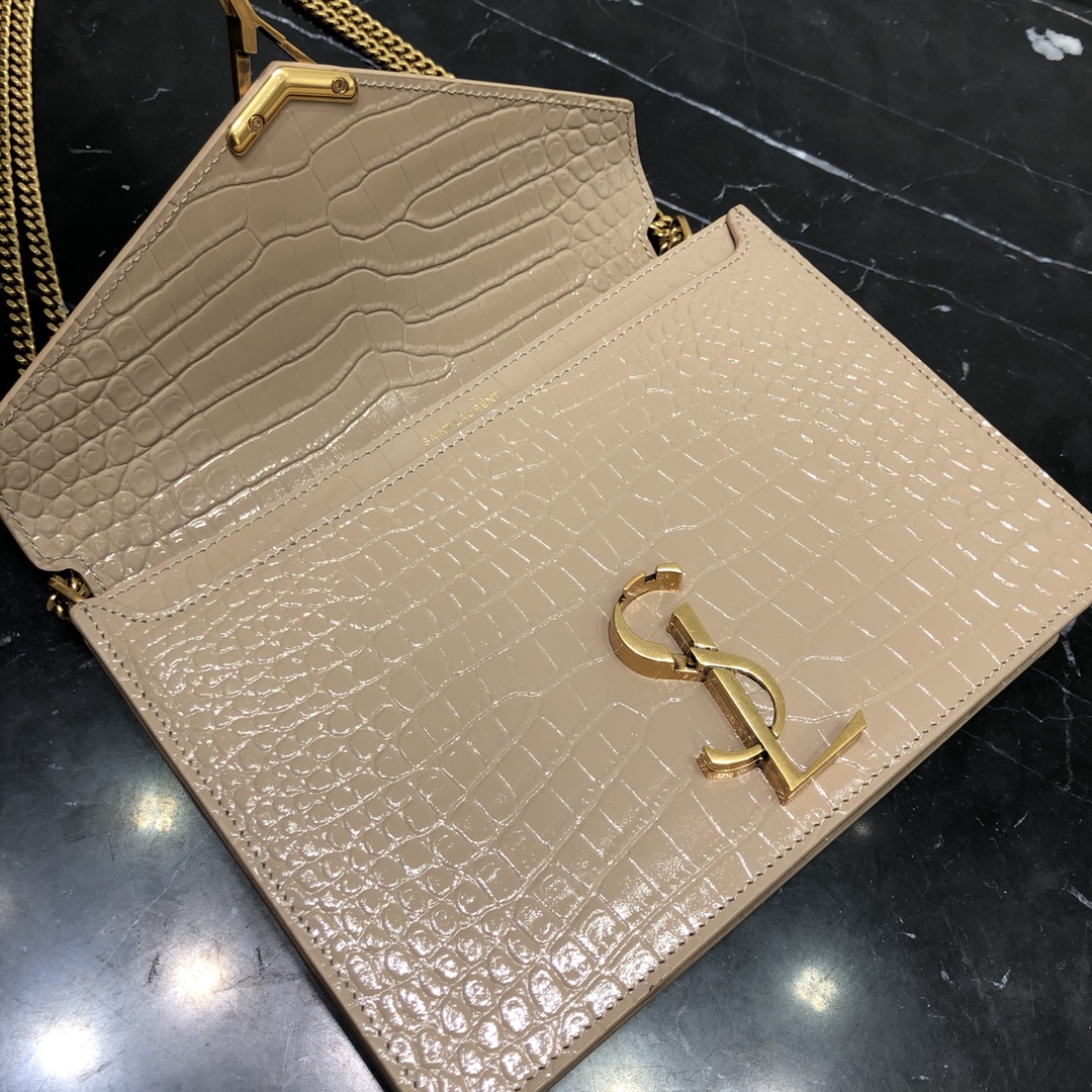 Saint Laurent Cassandera Medium Crocodile Embossed Bright Calfskin Shoulder Bag Light Apricot 532750